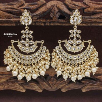 big gold toned chandbalis with pearl drops