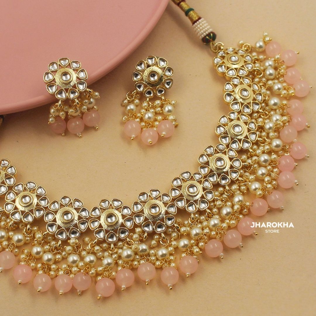 Light pink gold trendy necklace earrings set