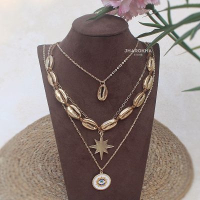 EVIL EYE AND SHELLS LAYERED NECKLACE
