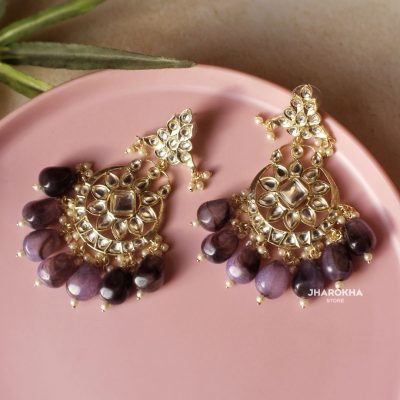 Purple pearl drop kundan earrings